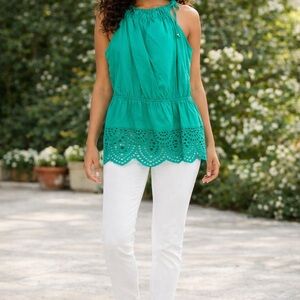 Halston Heritage Green eyelet cotton Sleeveless Top Back keyhole